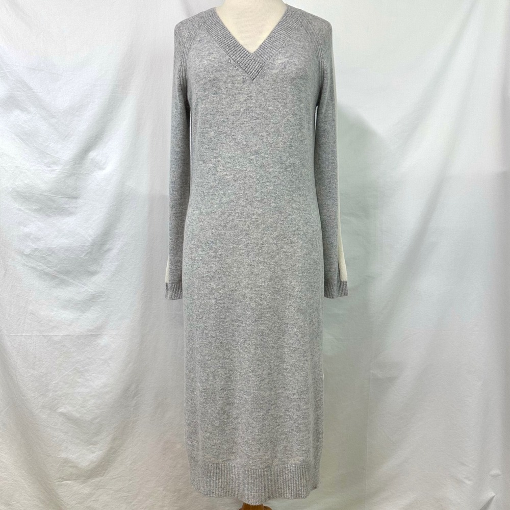 GARNET HILL Gray 100% Washable Cashmere Sweater Dress S V Neck Midi Striped Cozy